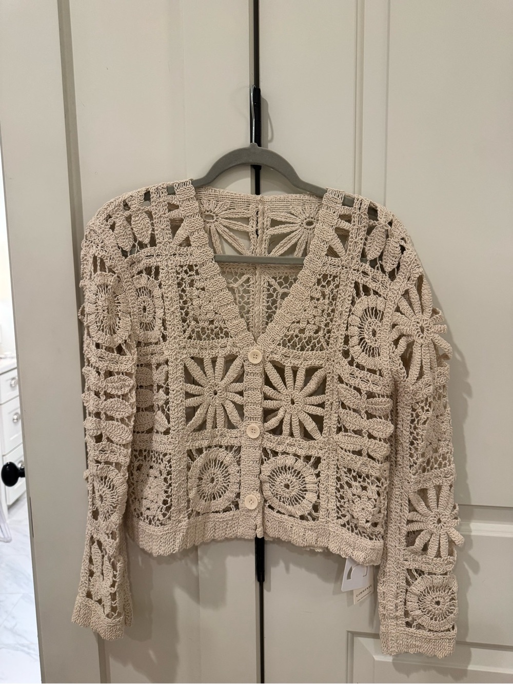 Commense Crochet Button-Front Cardigan in Cream